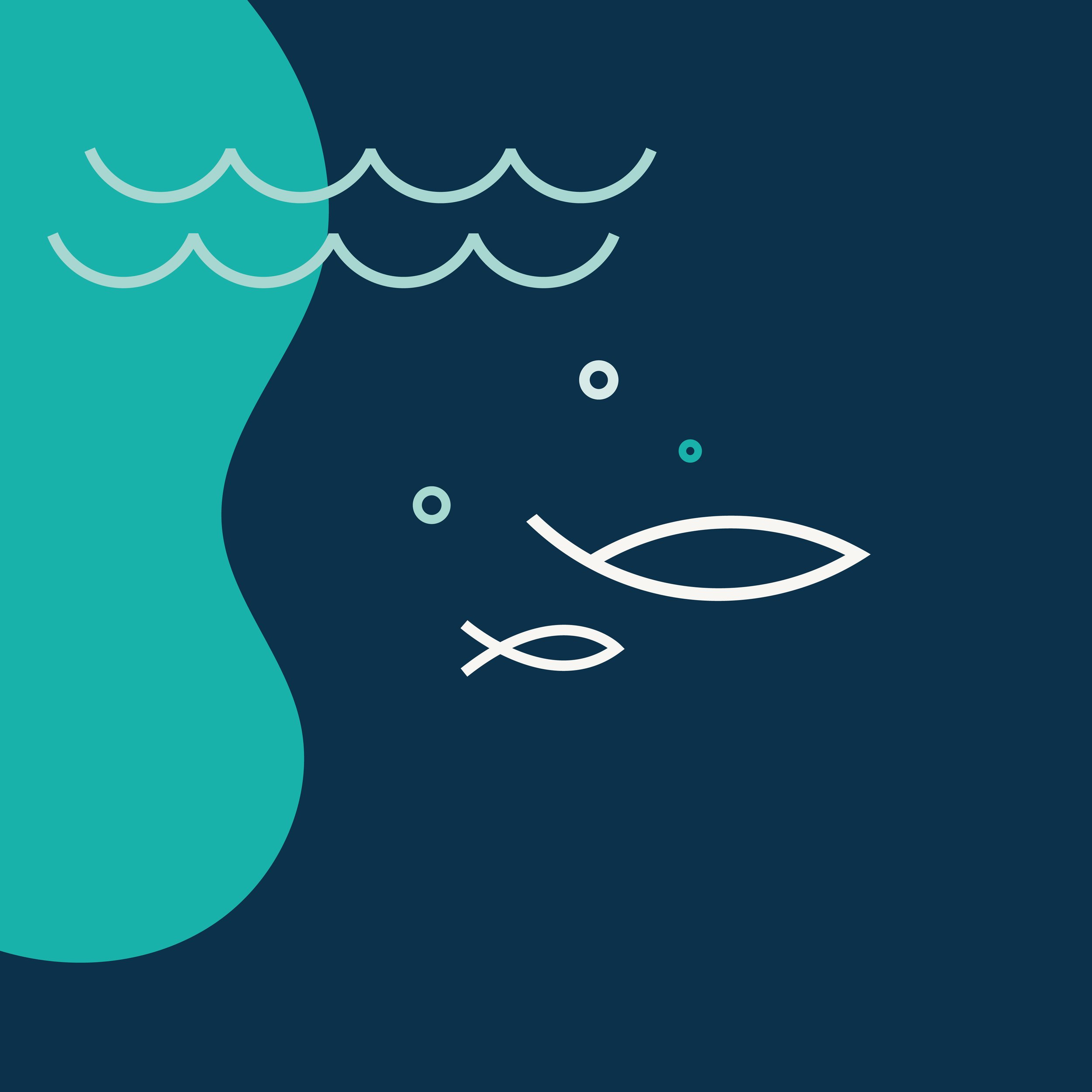 Stylized illustration of a smiling fish with water bubbles, set against a dark blue background with a large teal shape on the left.