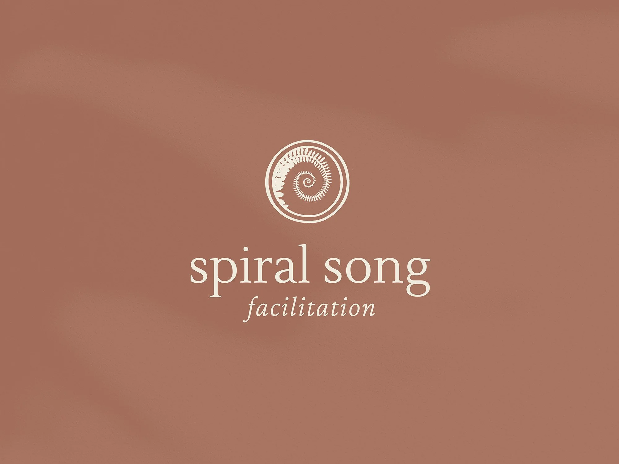 Logo with a spiral shell graphic above the words 'spinal song' and 'facilitation' on a brown background.