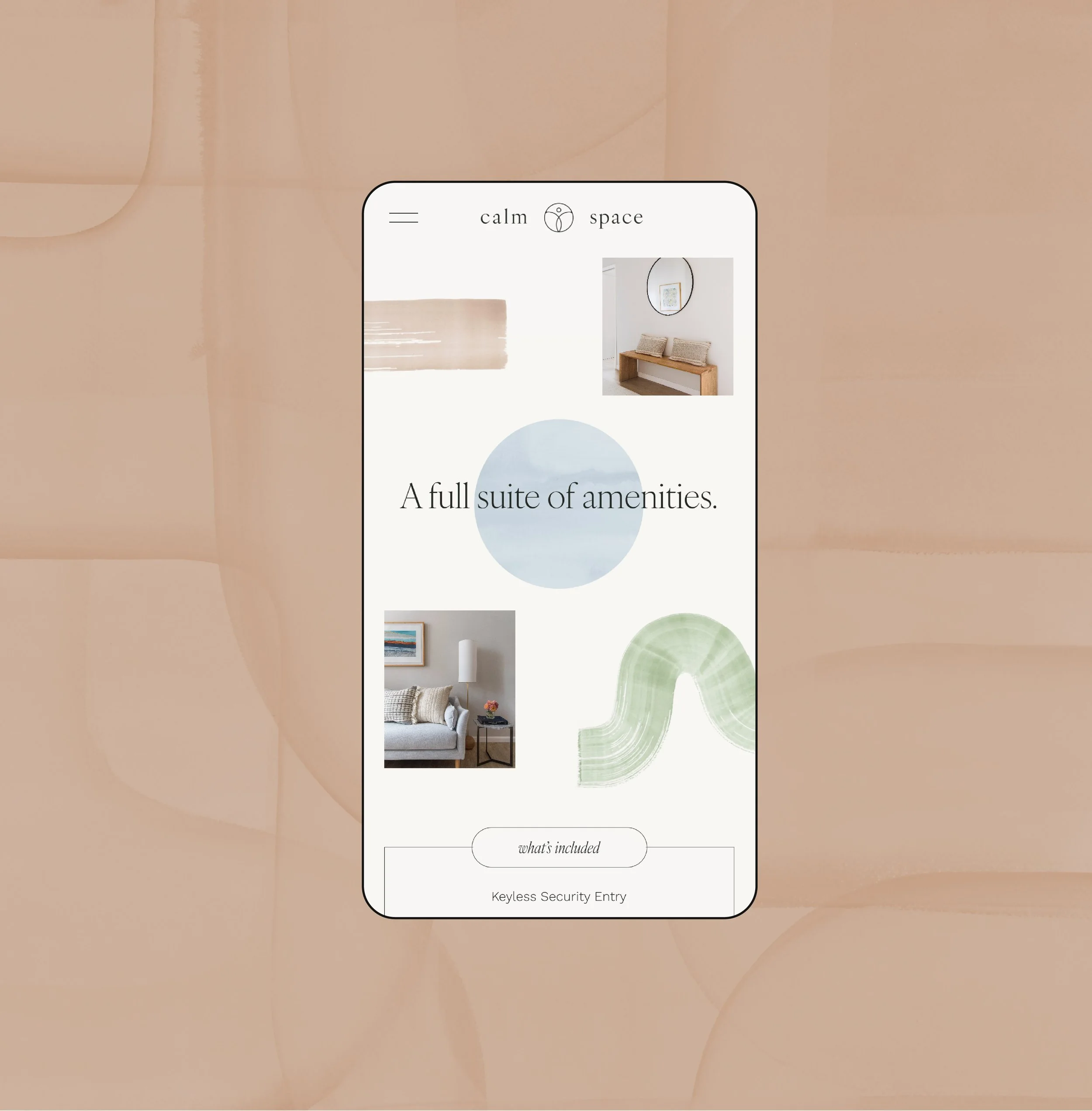 A smartphone screen displaying a website for 'calm space' with images of a cozy living room and entryway, text saying 'A full suite of amenities,' and a button labeled 'what's included' with additional text 'Keyless Security Entry'.