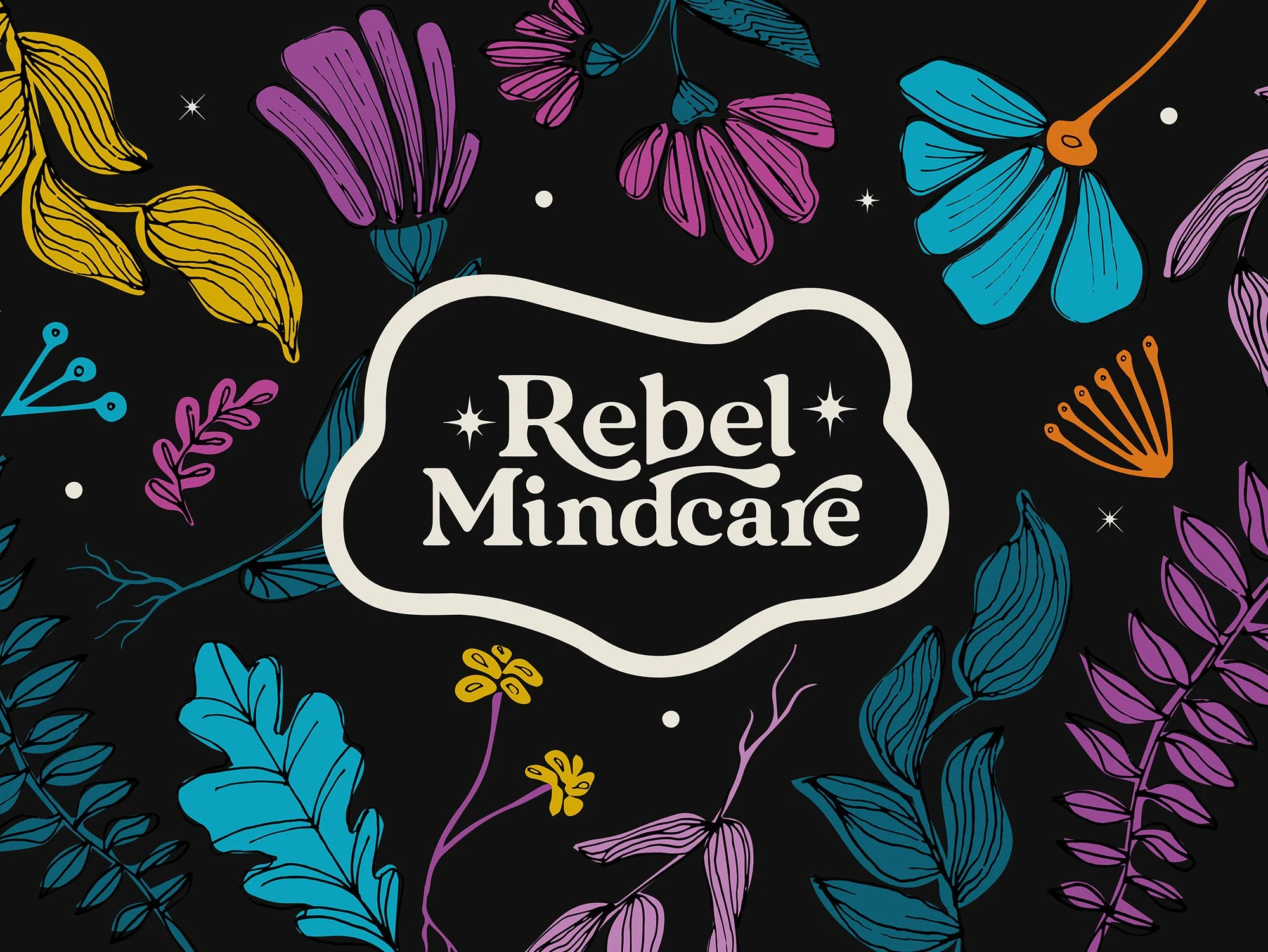 Floral pattern with colorful flowers and leaves surrounding the text 'Rebel Mindcare' on a black background.