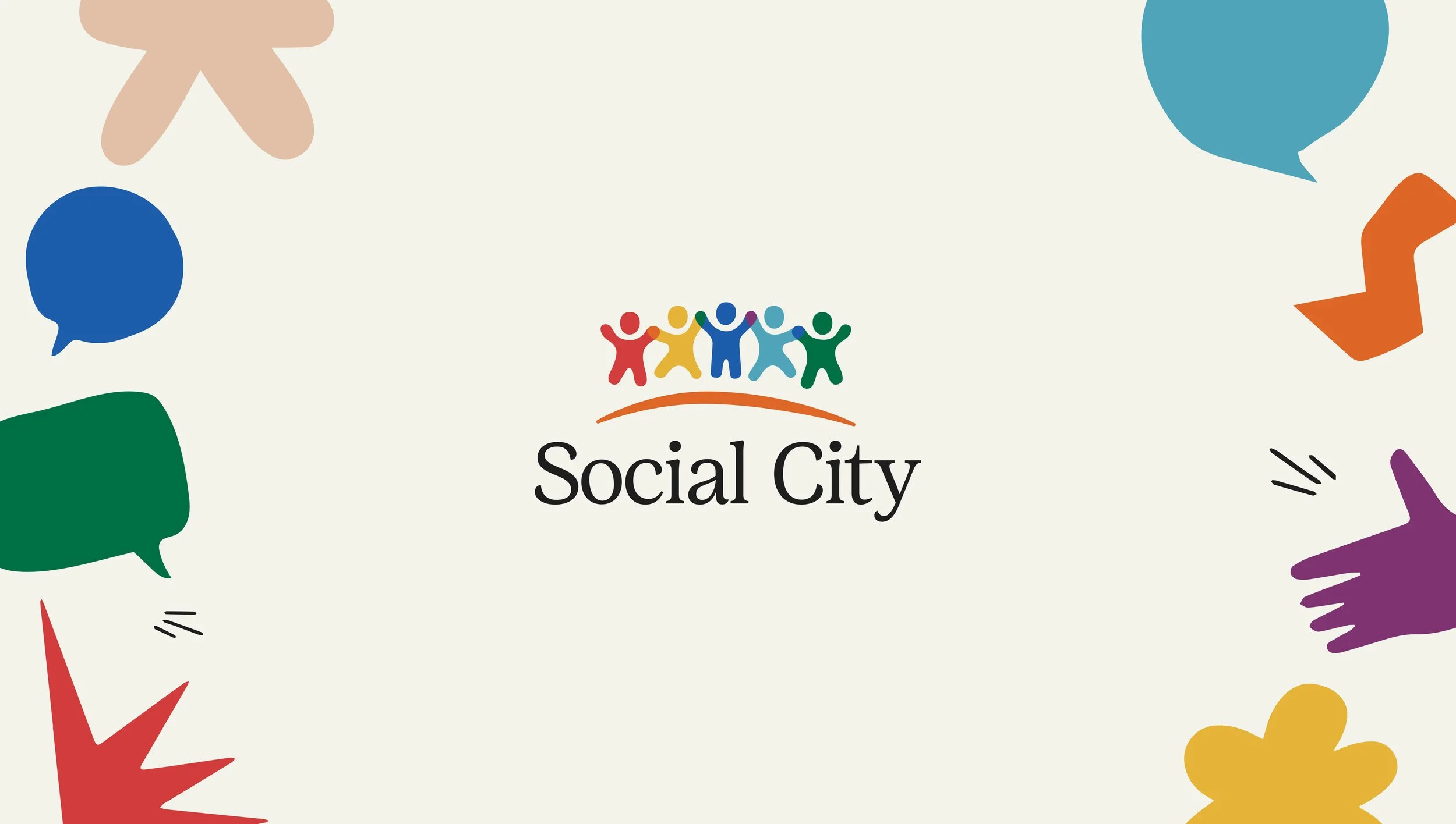 Logo of Social City featuring multicolored human figures holding hands above the text "Social City" on a light-colored background with colorful speech bubbles and abstract shapes around the border.