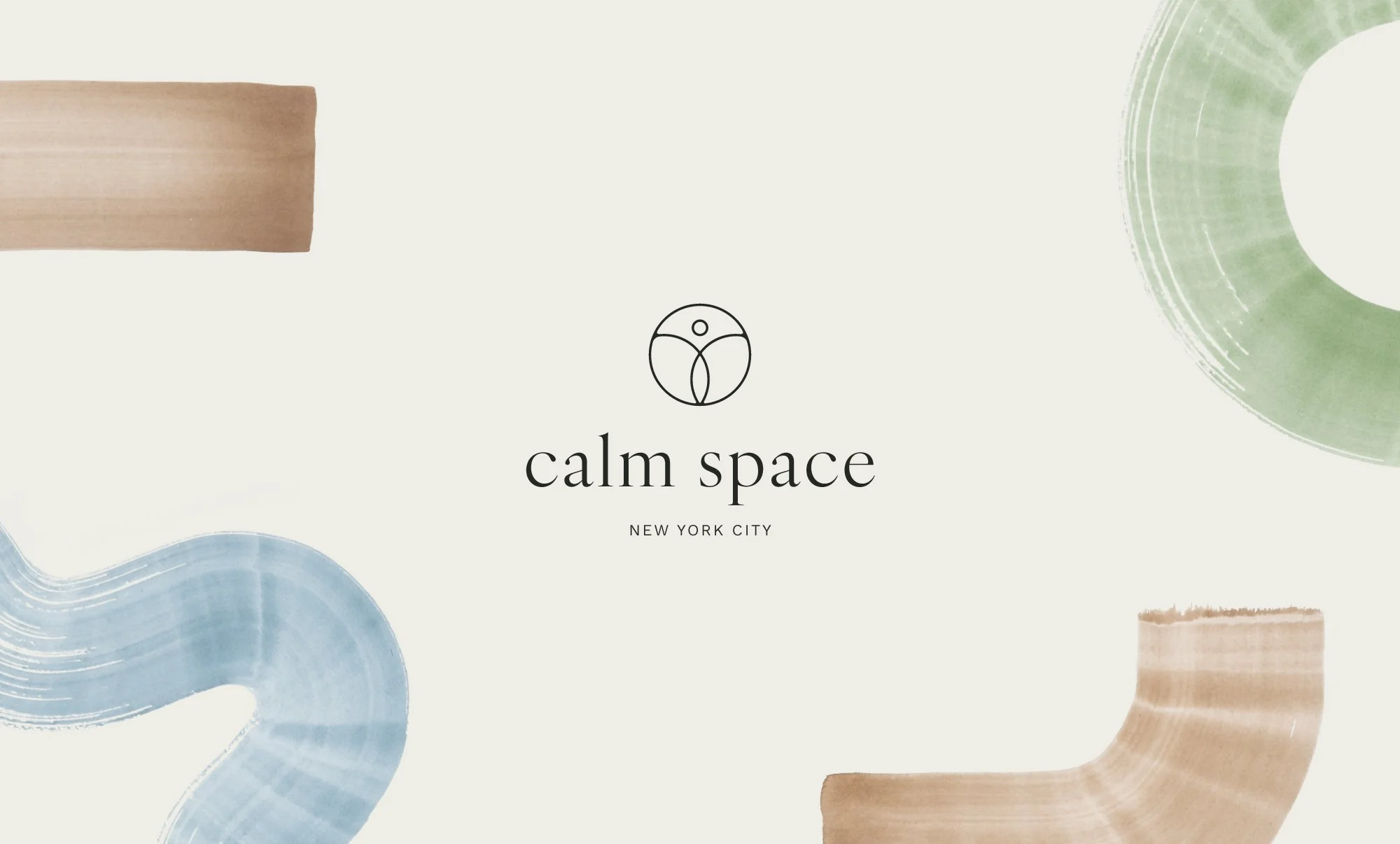 Calm Space logo with abstract colored shapes in the background, text reads 'calm space, New York City'.