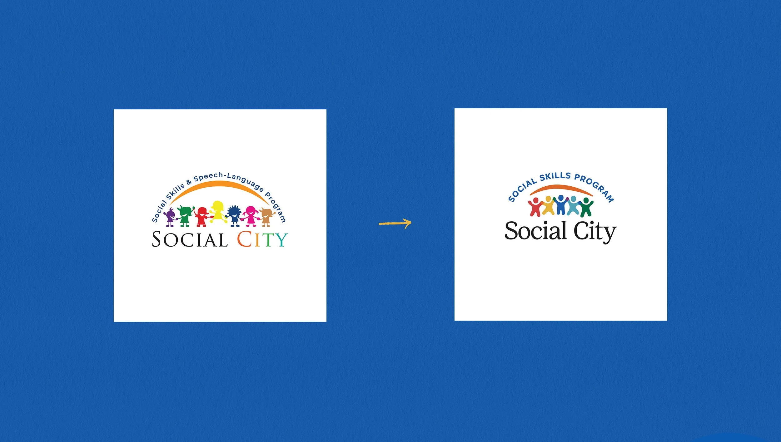 Logo for Social City, a social skills and speech-language program, showing colorful children holding hands under a rainbow arch, with the text 'Social City' and the subtitle 'Social Skills Program'.
