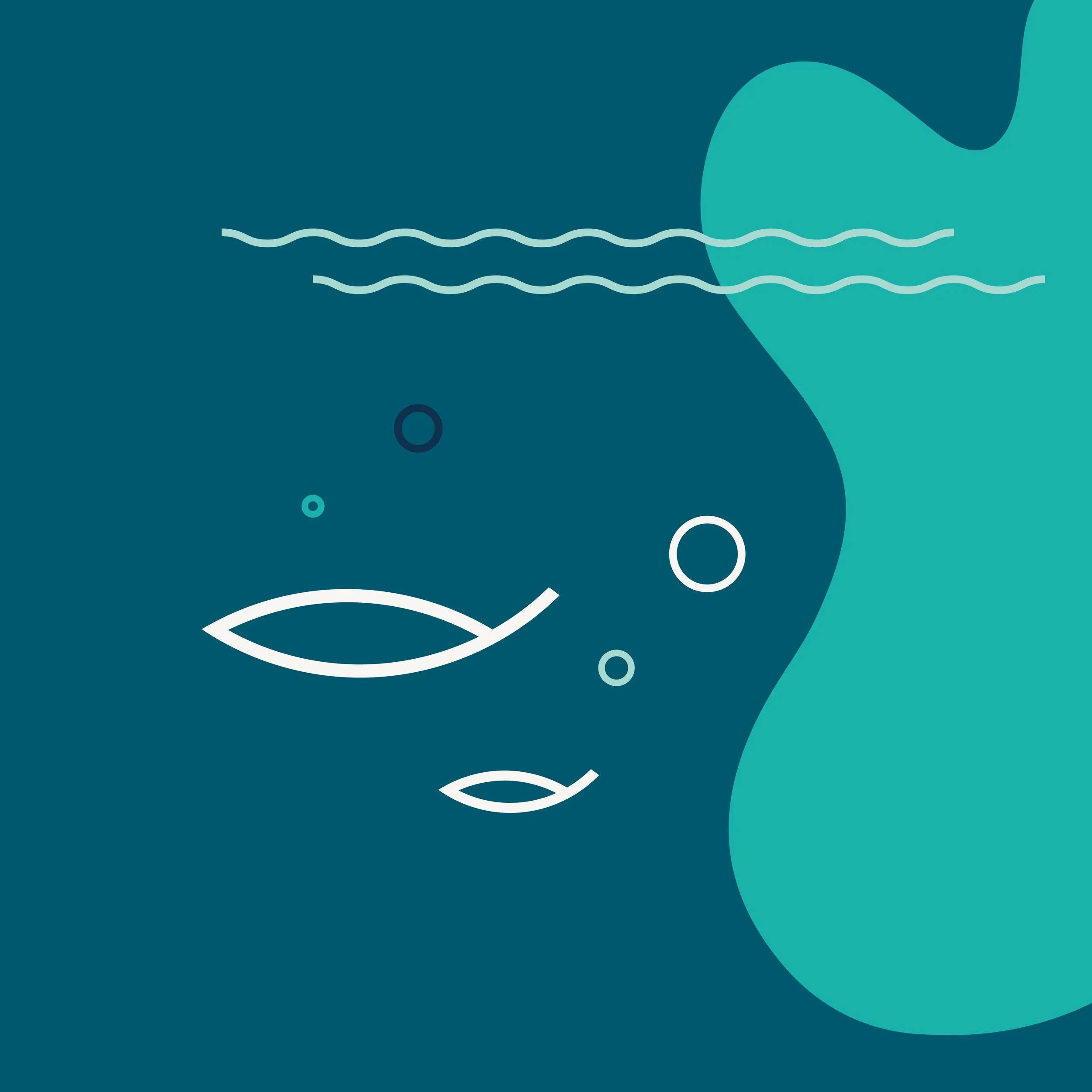 Abstract underwater scene with minimalist fish and bubbles in shades of blue and teal.