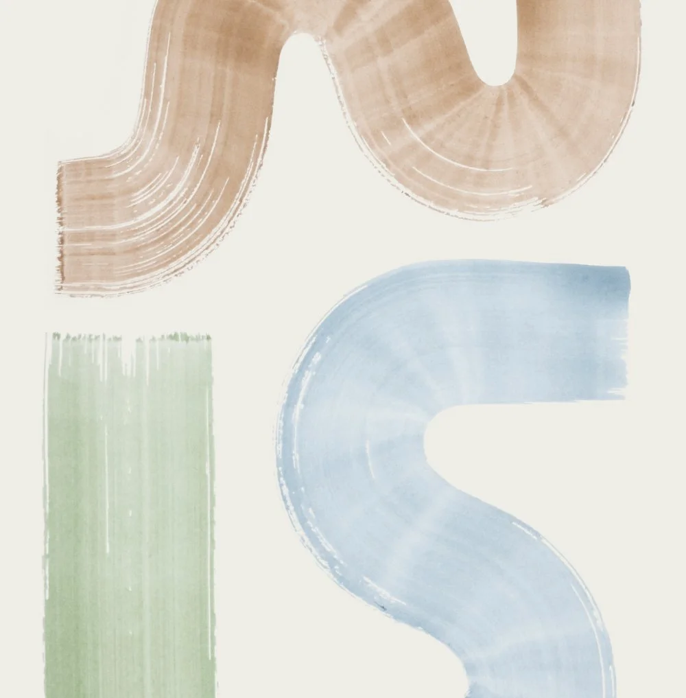 Abstract watercolor paint strokes in beige, green, and blue on a white background.