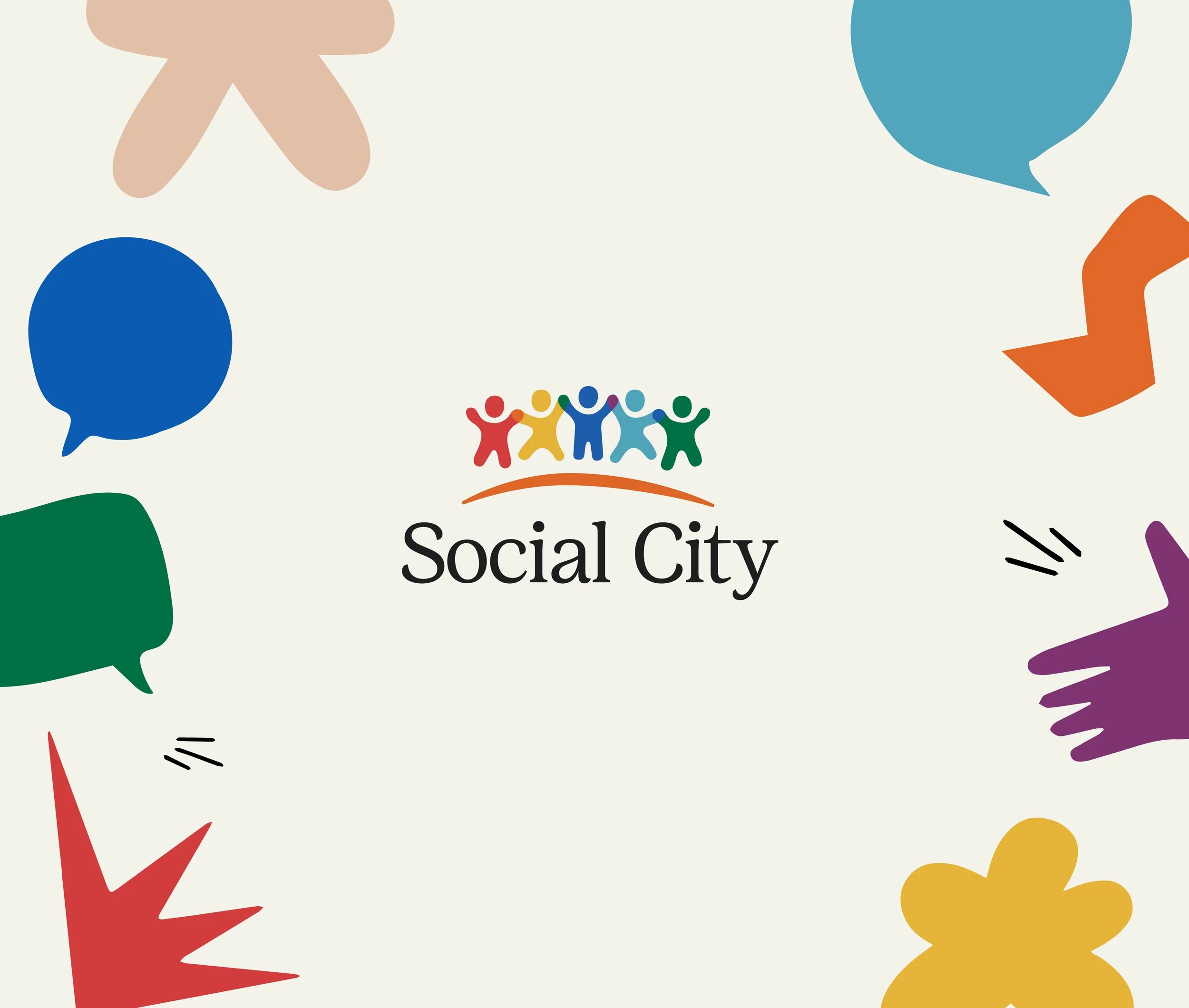 Social City logo with stylized human figures holding hands above the text 'Social City', surrounded by colorful speech bubbles and abstract shapes.