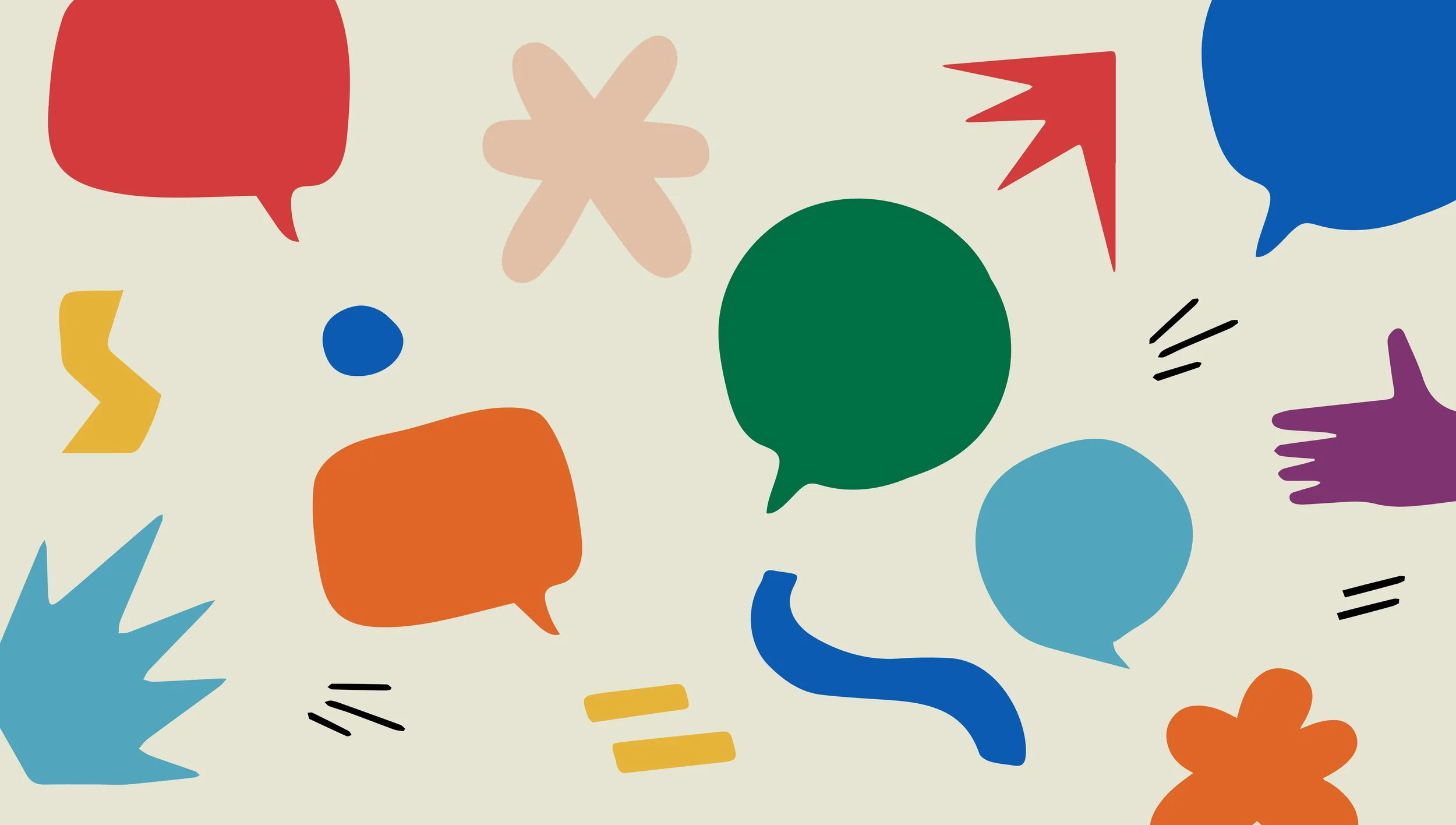 A colorful abstract pattern with various speech and thought bubbles, arrows, squiggles, and shapes in red, blue, green, orange, purple, yellow, and beige.