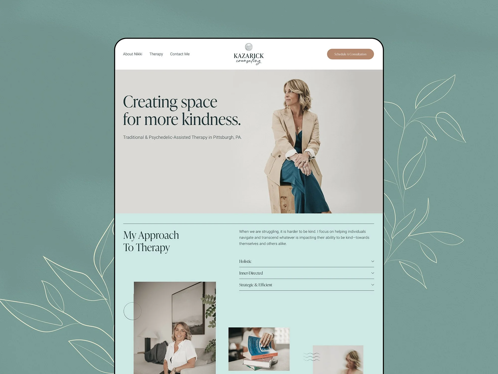Screenshot of a therapy website homepage featuring a woman sitting on a wooden block, with the headline 'Creating space for more kindness' and information about therapy services in Pittsburgh, PA.