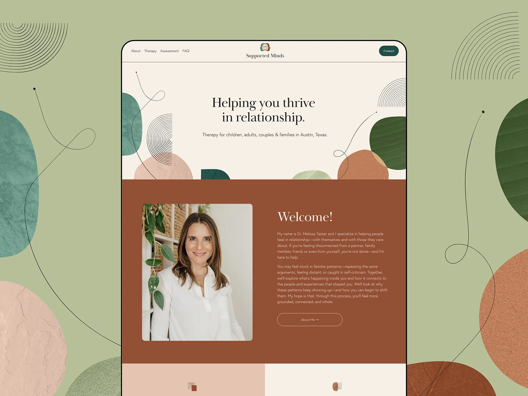 Screenshot of a therapy website called Supported Minds, featuring a welcome message from Dr. Melissa Tester and her photo, with a nature-themed design and navigation menu at the top.