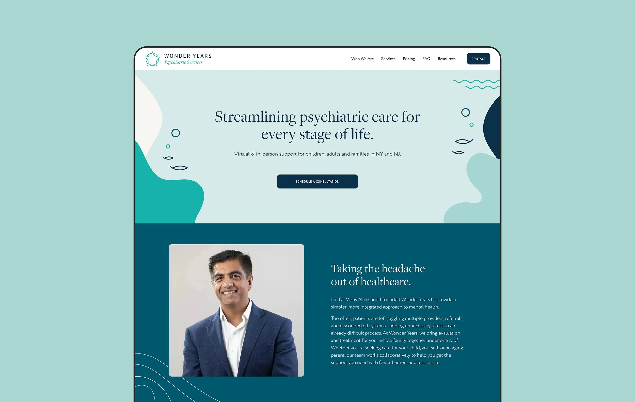 The homepage of Wonder Years Psychiatric Services website showing a header with navigation links, a main slogan about streamlining psychiatric care, a call-to-action button, and an introduction section with a photo of a smiling man in a suit. The design features blue and teal abstract graphics.