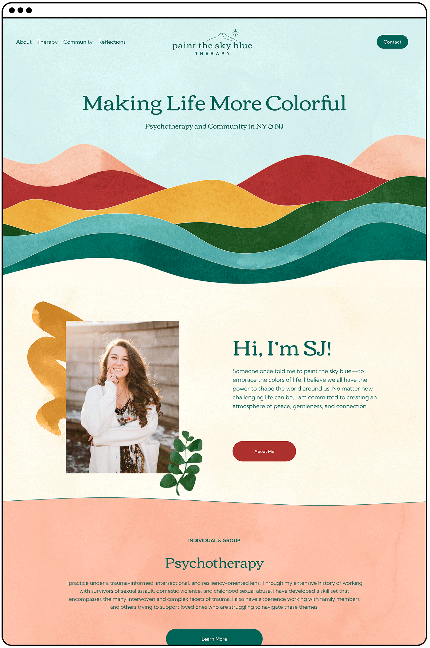 Screenshot of a psychotherapy website with a pastel color palette and abstract landscape design, featuring a photo of a smiling woman with long brown hair, wearing a white sweater, and a green leaf graphic.