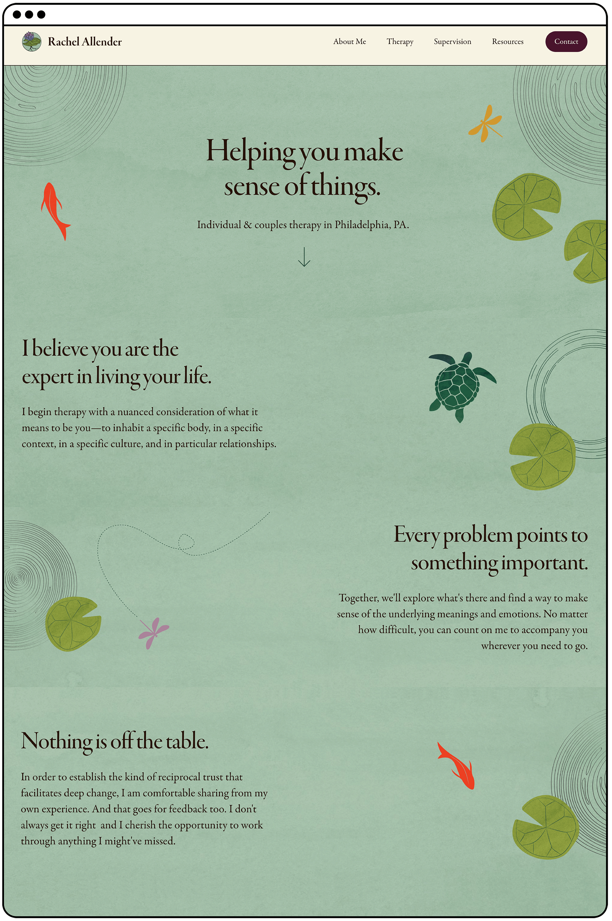 Screenshot of Rachel Allender's therapy website with a calming green background, illustrated fish, turtle, dragonfly, water lily pads, and concentric circle designs, presenting her therapy services in Philadelphia, PA.