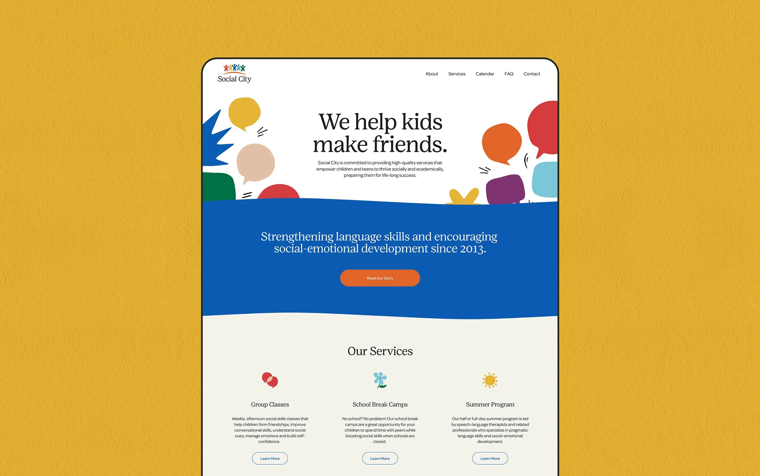 A screenshot of a website homepage for Social City, a program that helps kids make friends. The page features colorful speech bubbles and icons representing services such as group classes, summer camps, and school break programs.