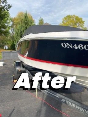 A boat on a trailer with the word "After" superimposed on it, parked outdoors with trees and a cloudy sky in the background.