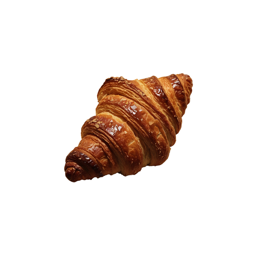 A close-up of a golden-brown croissant with flaky layers.