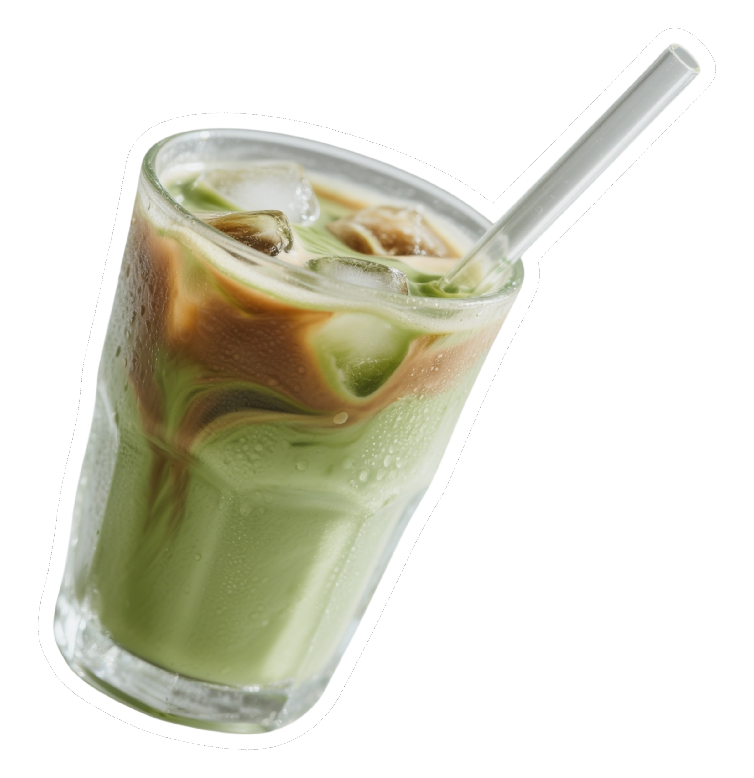 A glass of iced matcha latte with a straw, showing a swirl of green tea and milk, condensation on the glass.
