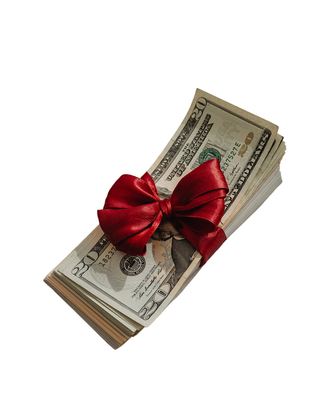Stack of twenty dollar bills wrapped with a red satin ribbon tied in a bow.