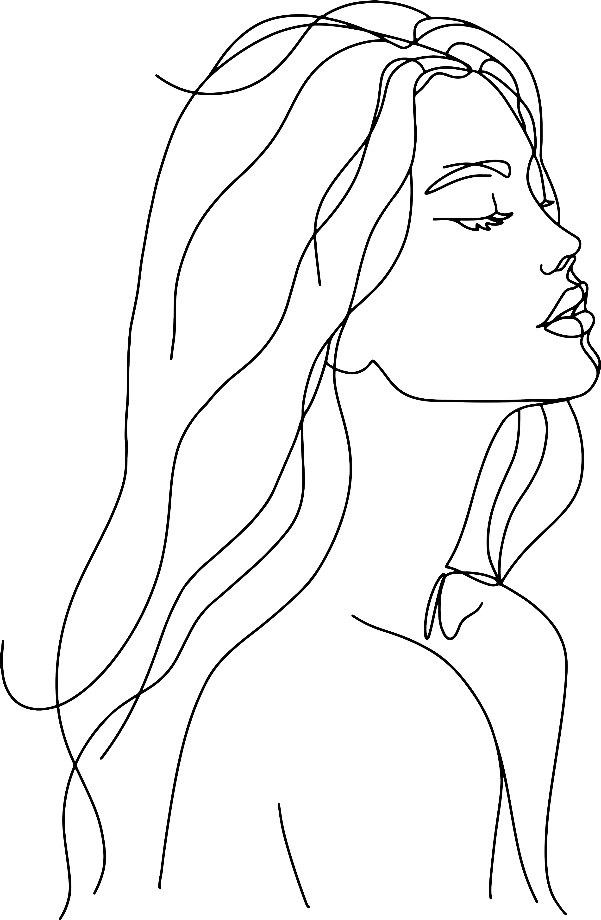 Line drawing of a woman in profile with long hair and closed eyes.