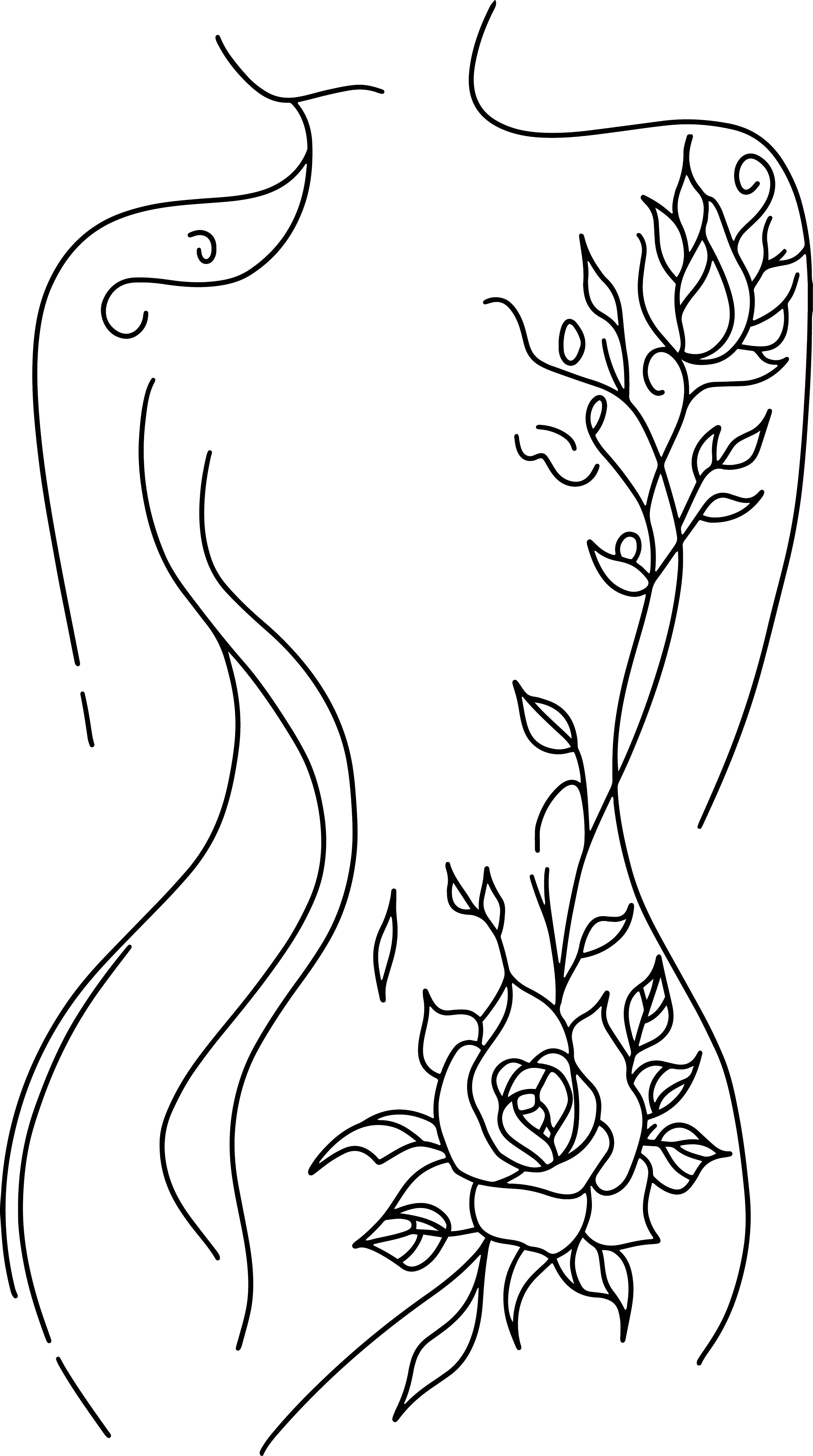 Line art drawing of a floral design with a rose, leaves, and flowing lines on a black background.