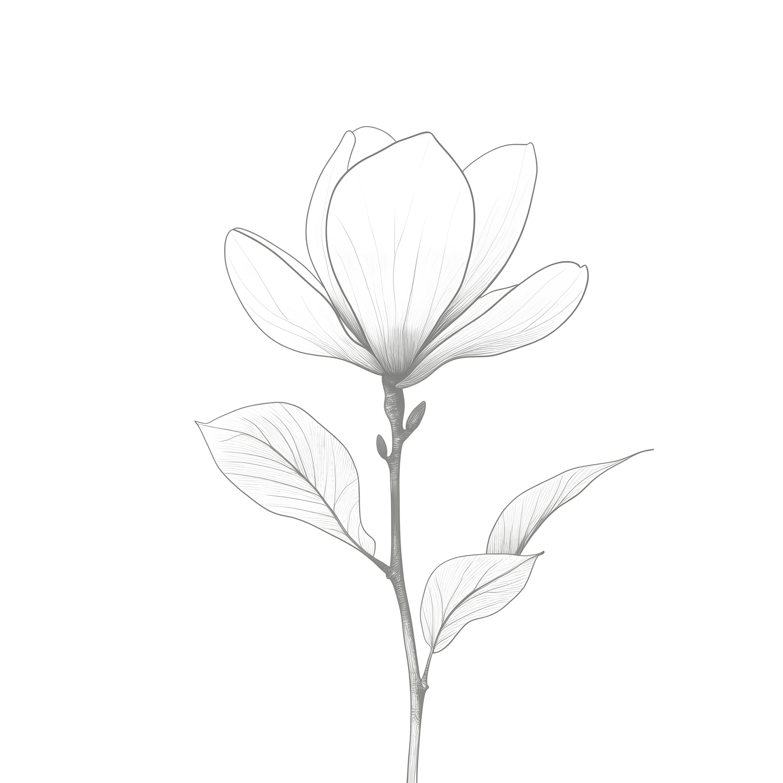 Black and white outline drawing of a blooming magnolia flower with leaves.