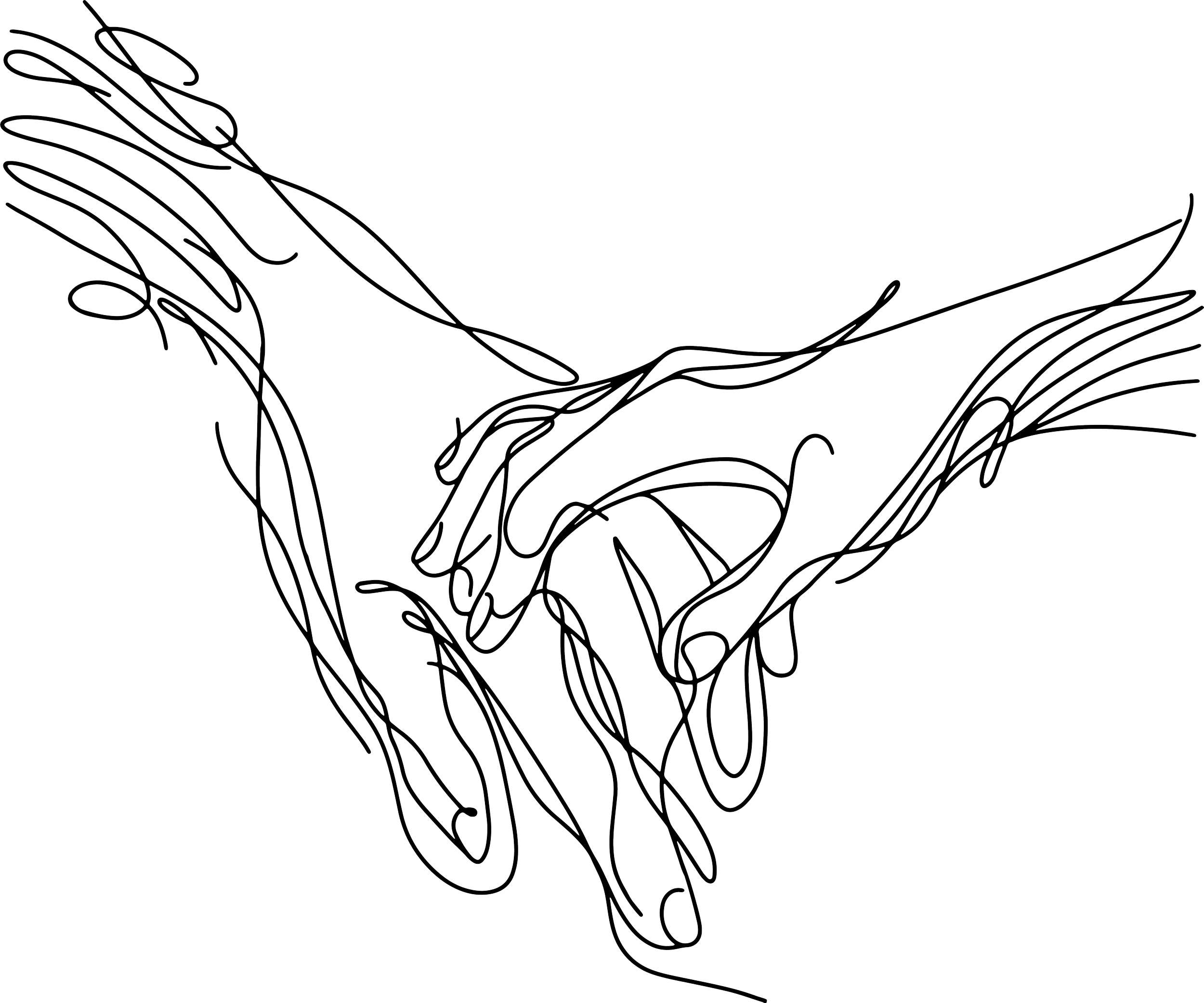 Line drawing of two hands touching, against a black background.