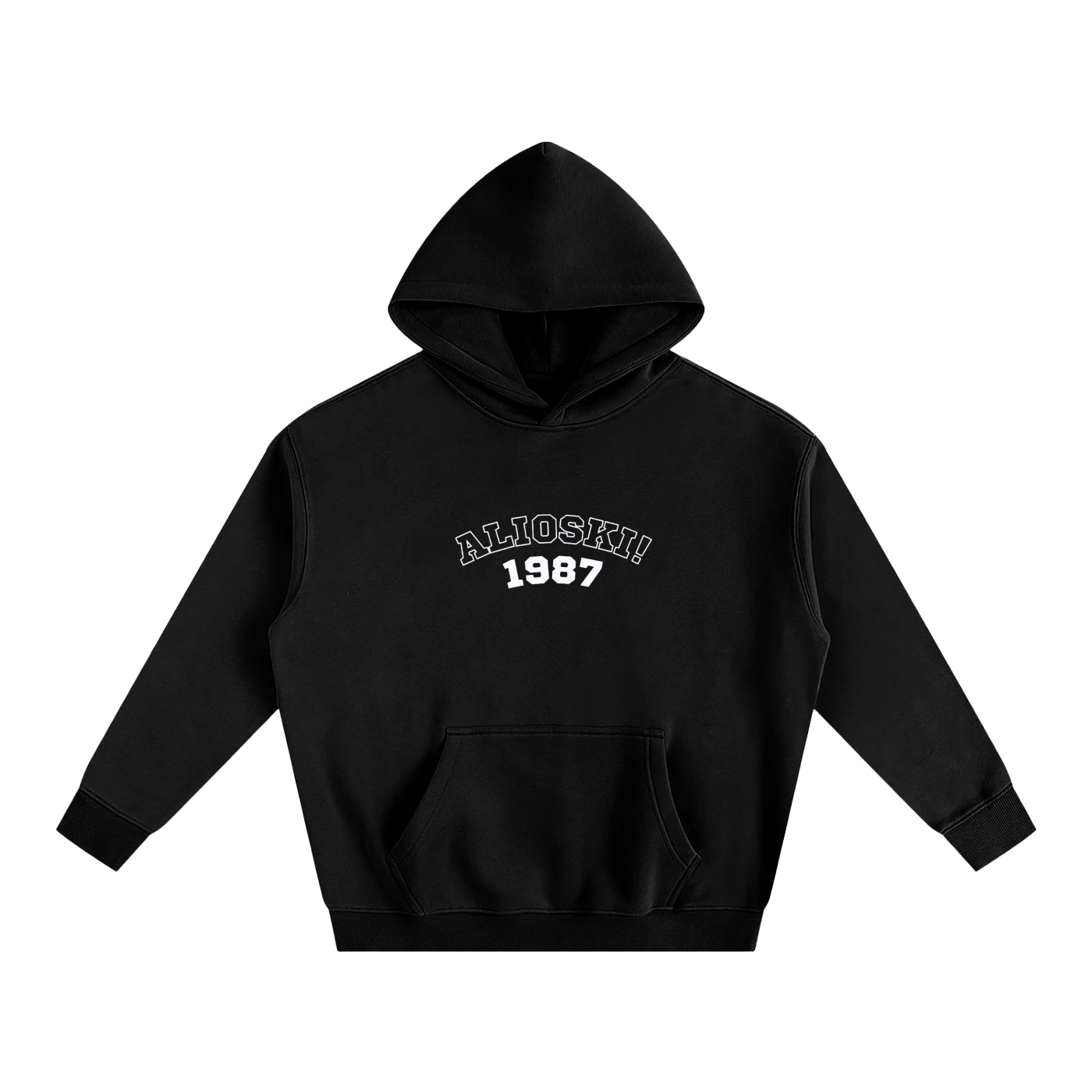Black hoodie with a front pocket, featuring white embroidered text that reads 'ALIOSKI! 1987' and a large hood.