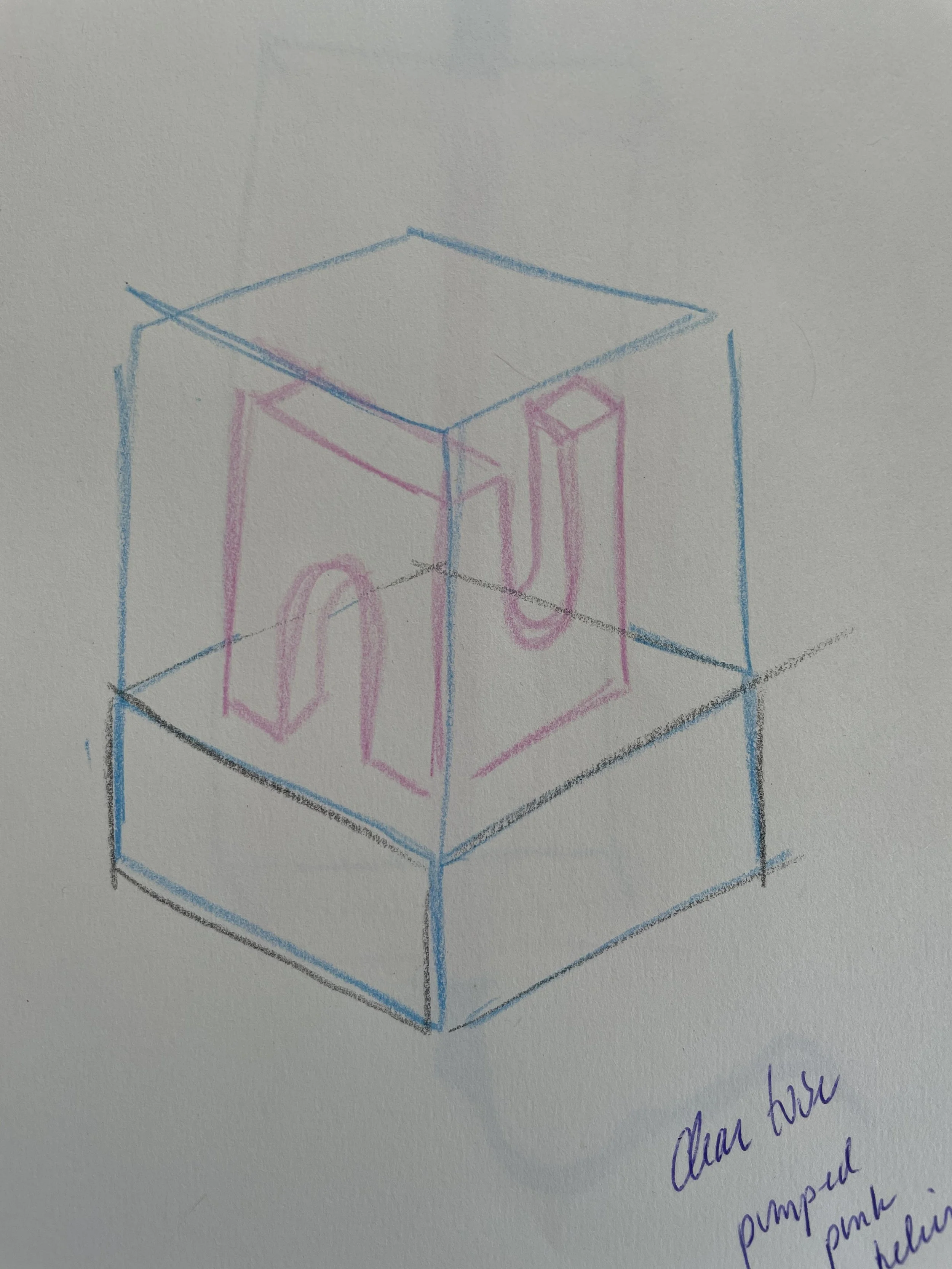Sketch of a 3D neon sculpture with an arch inside, with handwritten notes on the side.