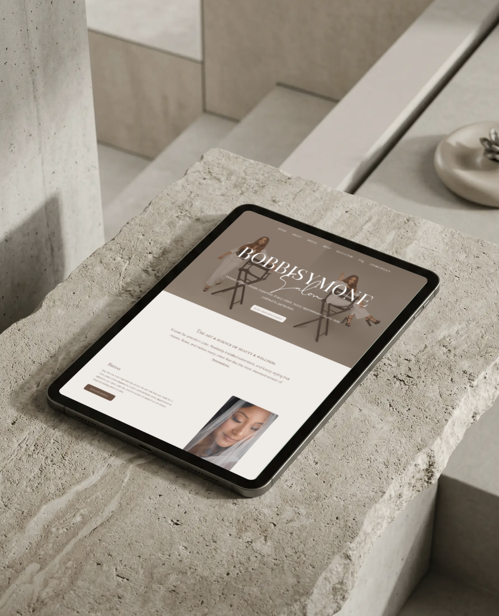 Bobbi Symone Salon luxury hair stylist website designed by Clear Canvas Design, a women-owned web design agency serving the DMV area, displayed on an iPad.