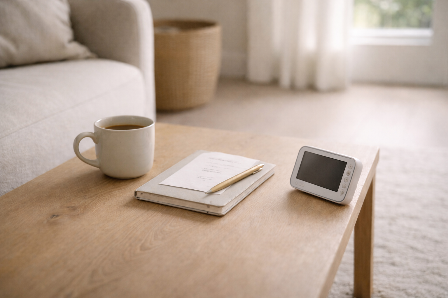 A wooden coffee table with a white coffee mug, a notebook with a pen on top, and a small digital device in a cozy living room with a couch, wicker basket, and curtains in the background.