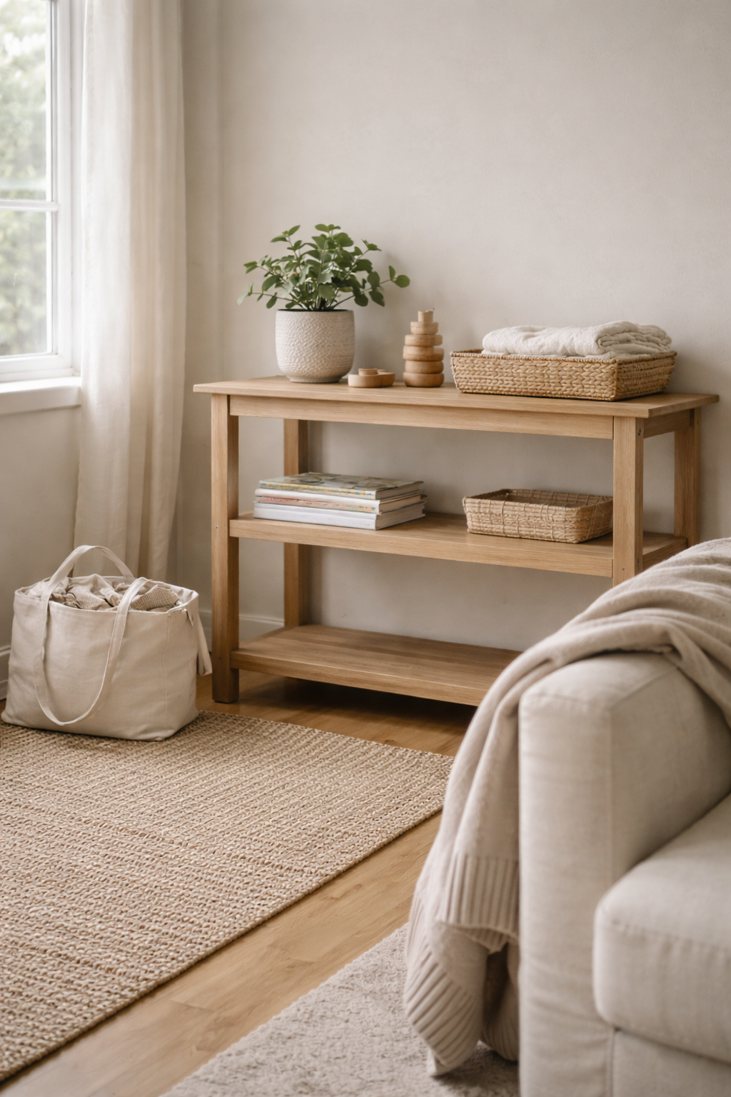 A cozy living room corner featuring a wooden console table with a potted plant, stacked books, woven baskets, and neatly folded towels. A beige sofa with a blanket, a woven rug, and a cream-colored bag on the floor near a window with sheer curtains.
