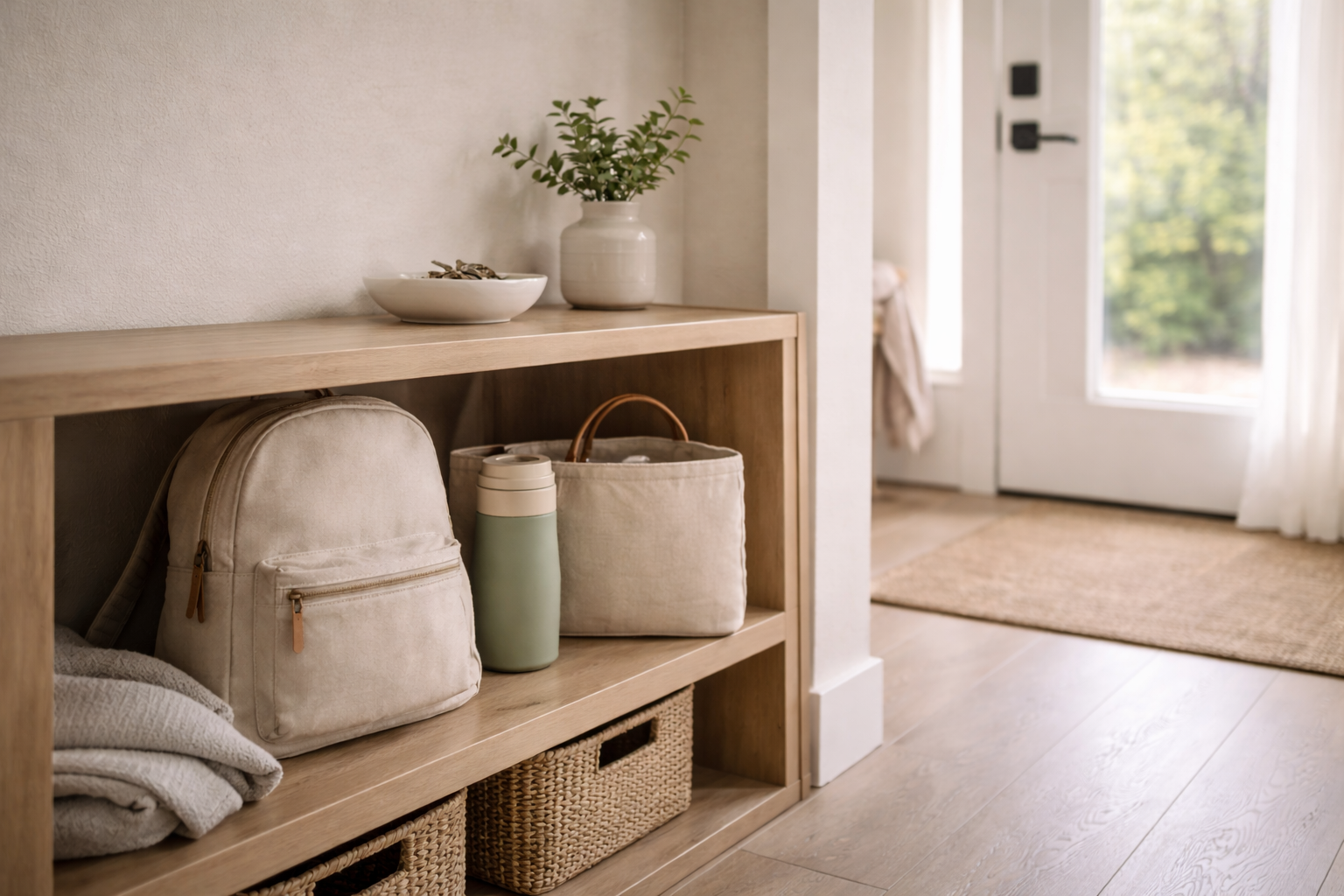 Entryway with wooden shelf holding a beige backpack, a green thermos, and a beige fabric basket, located near a door with a view outside.