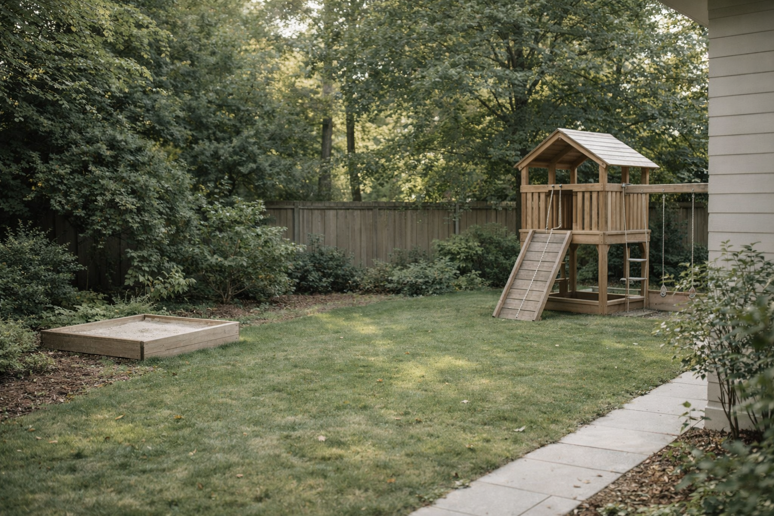 Backyard with a grassy lawn, a wooden sandbox on the left, and a wooden playset with a slide and swings on the right, bordered by a wooden fence with lush green trees in the background.
