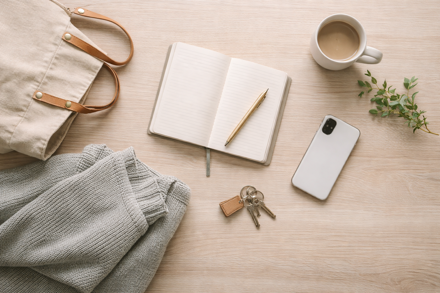 A flat lay of a wooden desk with a beige bag, a gray sweater, a notebook with a gold pen, a set of keys, a white smartphone, a cup of coffee, and a small green plant.