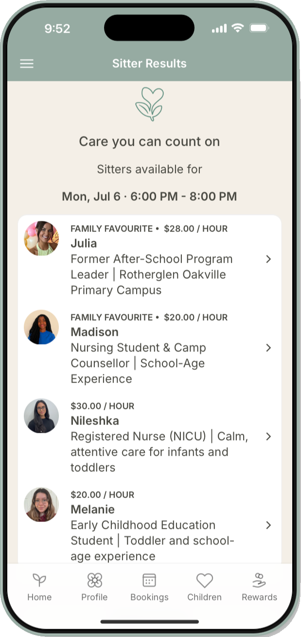 The tend app showing sitters available for a selected time and location