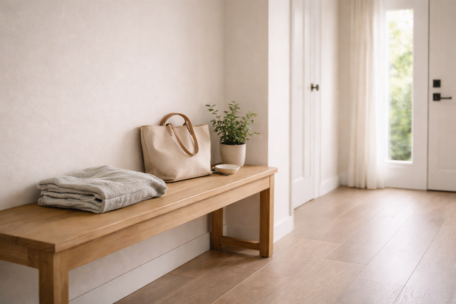 Entryway with a wooden bench, folded towel, beige purse, potted plant, and a bowl on the bench, near white curtains and door showing greenery outside.