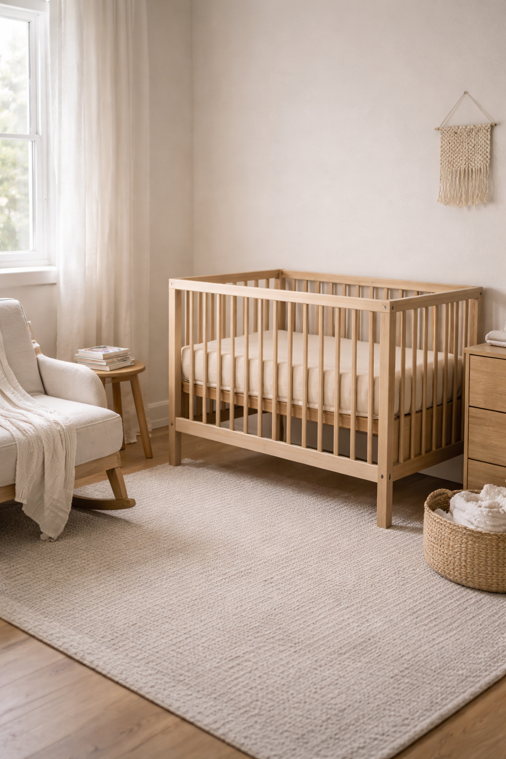 A nursery with a wooden crib, a white armchair with a blanket, a side table with books, a woven basket, and a wall hanging