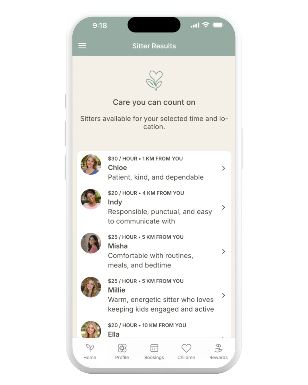 Mobile app screen displaying available babysitters with their names, photos, prices, distances, and descriptions.