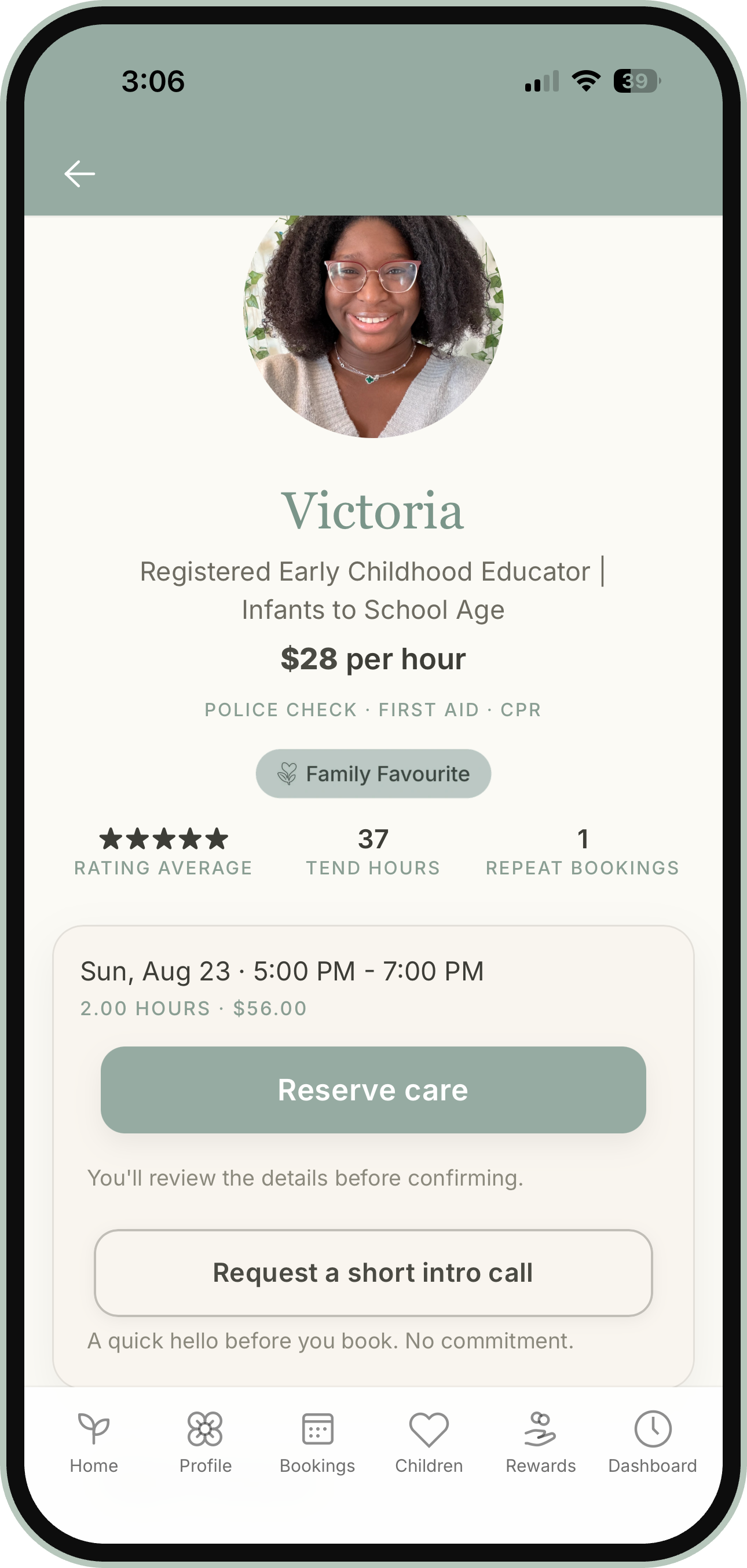 A sitter profile on tend showing reviews, rate, and booking details