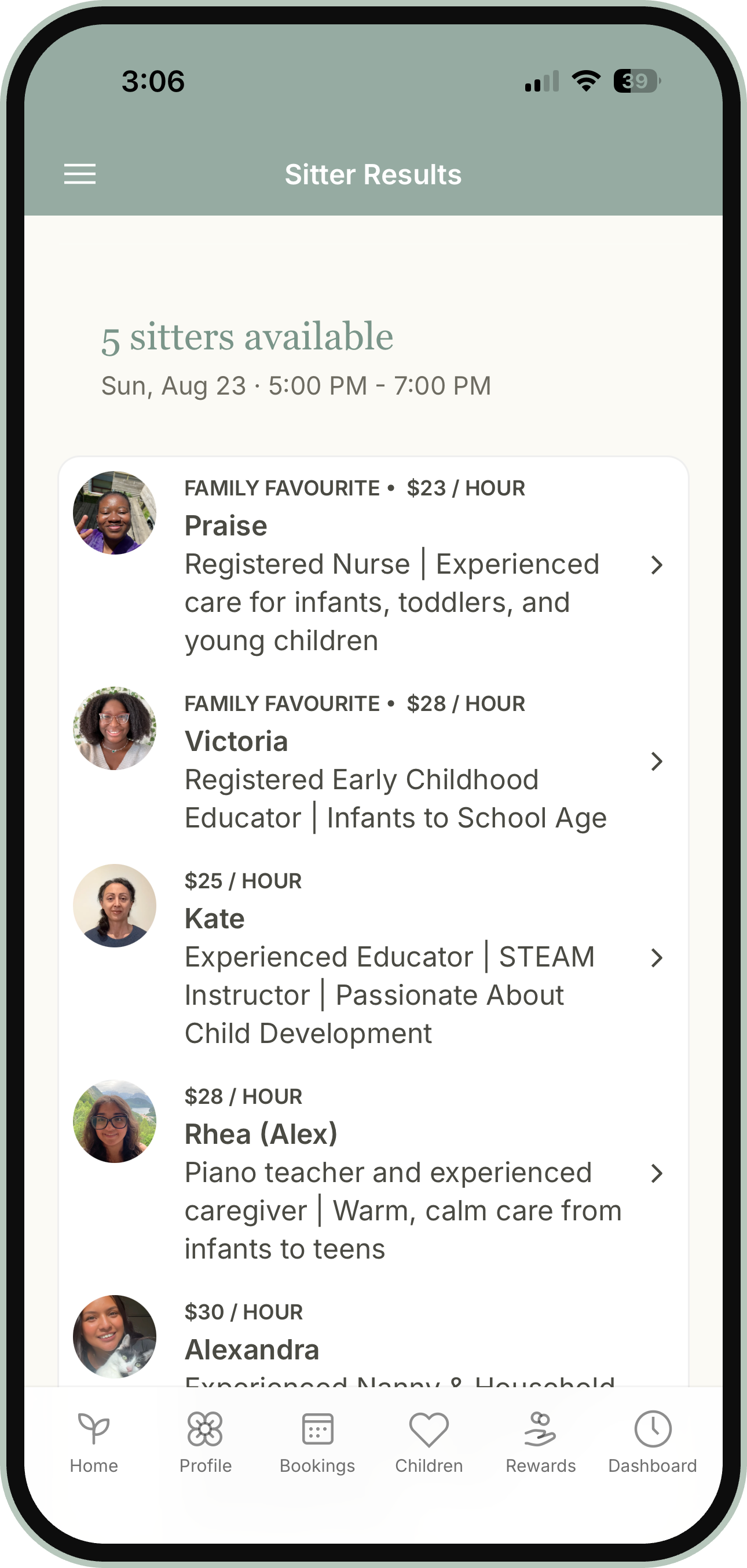 The tend app showing sitters available for a selected time and location