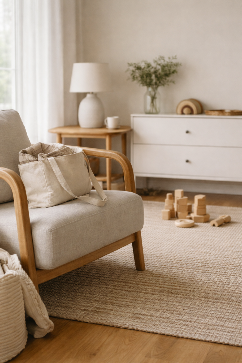 A cozy living room with a beige armchair, a tote bag on it, wooden flooring, a textured area rug, a white sideboard with a vase of greenery and decorative wooden objects, a side table with a lamp and mug, and wooden blocks on the floor.