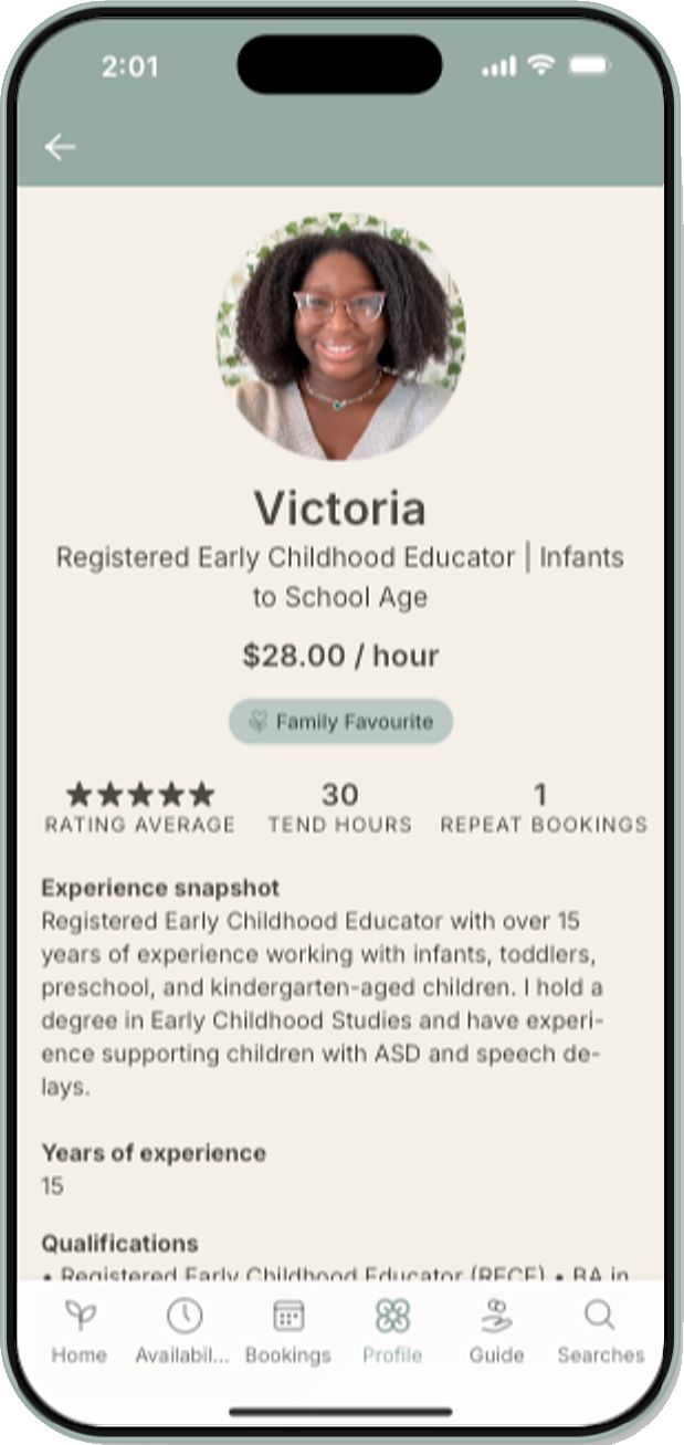 A sitter profile on tend showing reviews, rate, and booking details