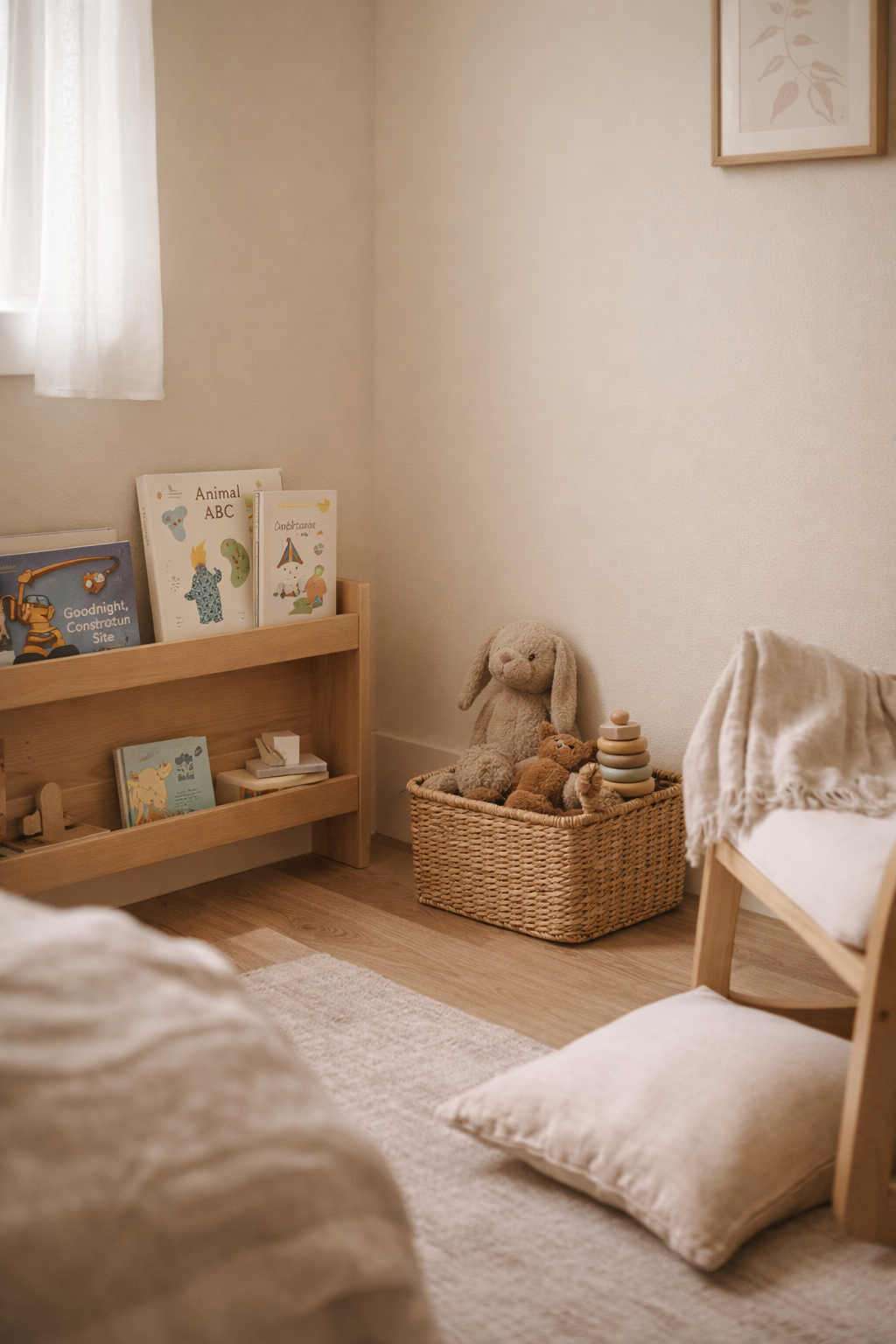 A cozy nursery corner with a small wooden bookshelf holding children's books, a woven basket filled with stuffed animals and stacking rings, and a soft cream-colored rug and pillows on the floor.