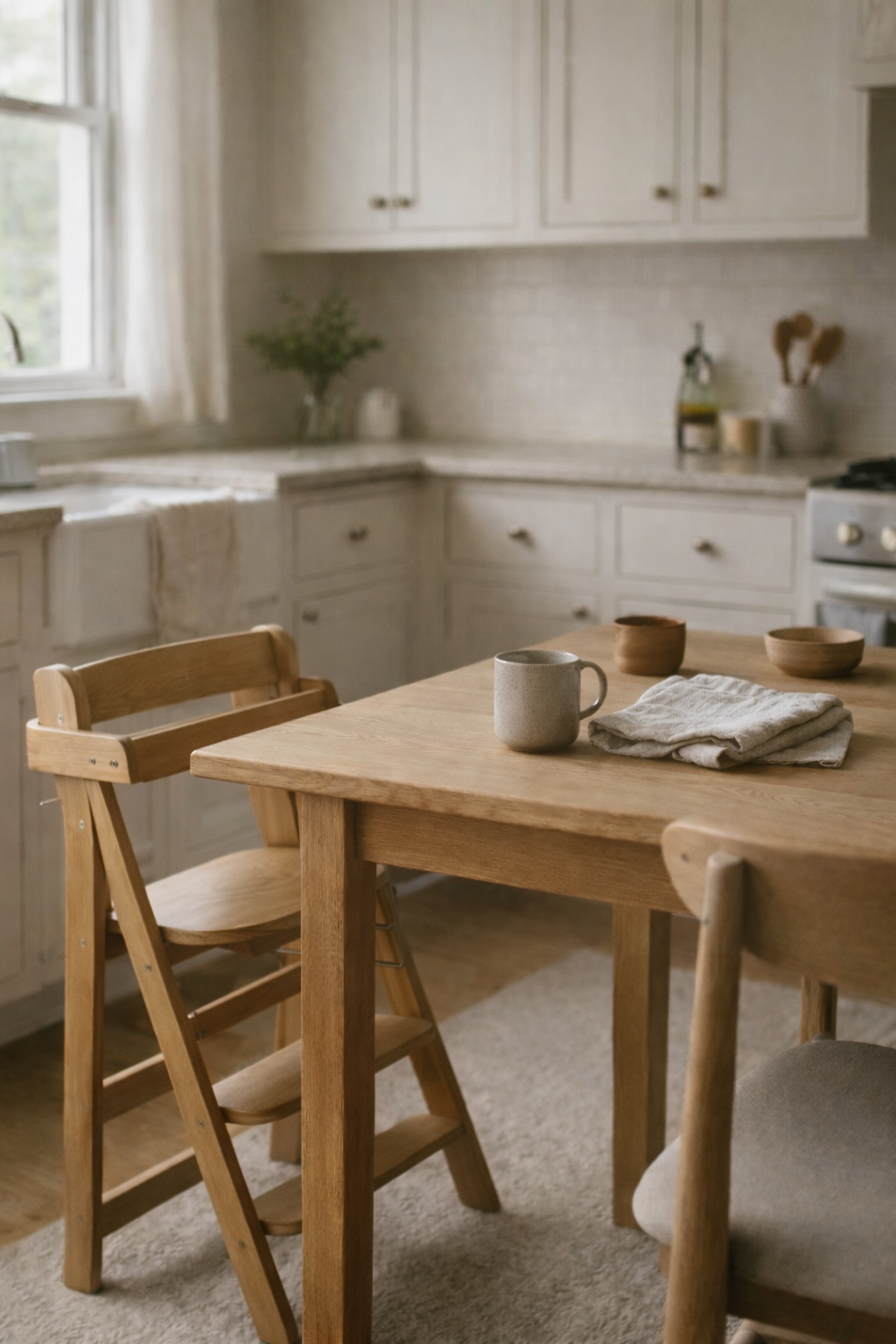 A cozy kitchen with wooden tables and chairs, holding ceramic cups, wooden bowls, and a cloth. White cabinets and a window letting in natural light are in the background.