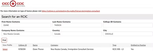 Screenshot of a CCIC RCIC license verification webpage showing Diane Theron from New Routes Canada, detailed license ID, and practice eligibility.