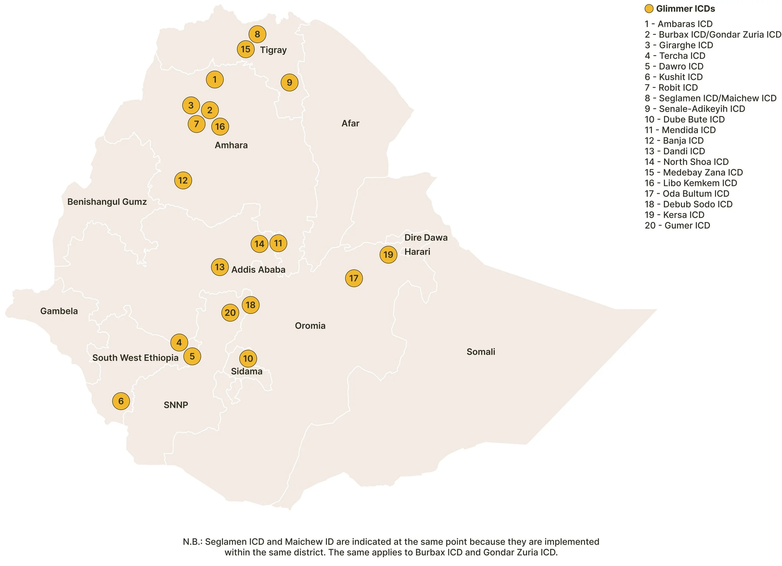 Map of Ethiopia displaying locations of Glimmer ICDs
