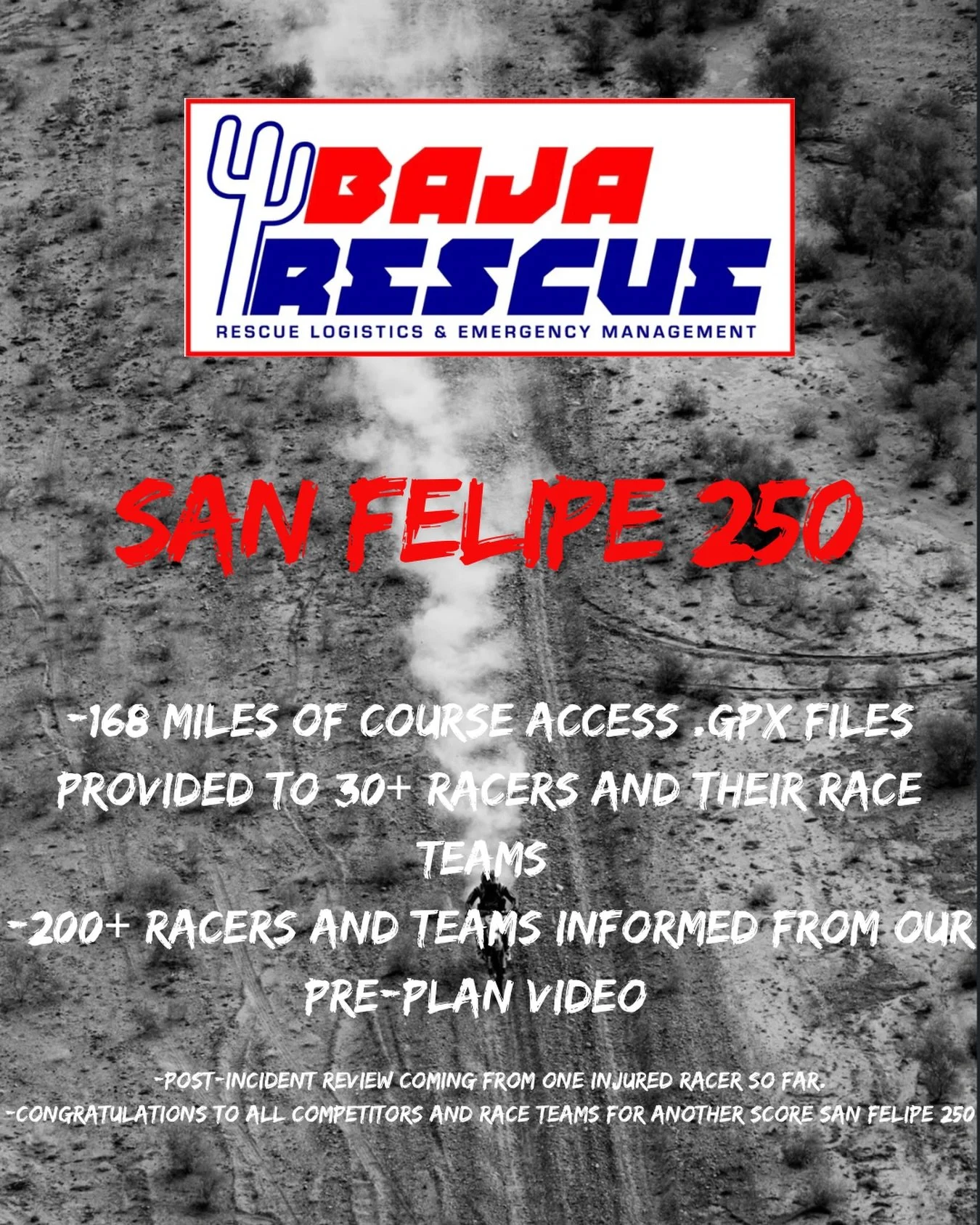 Although we weren&rsquo;t physically there at this years @scoreinternational San Felipe 250, we did our best to try and help out racers by preparing them in cases of emergencies and self rescues. We provided over 30 racers with 168 miles of course ac