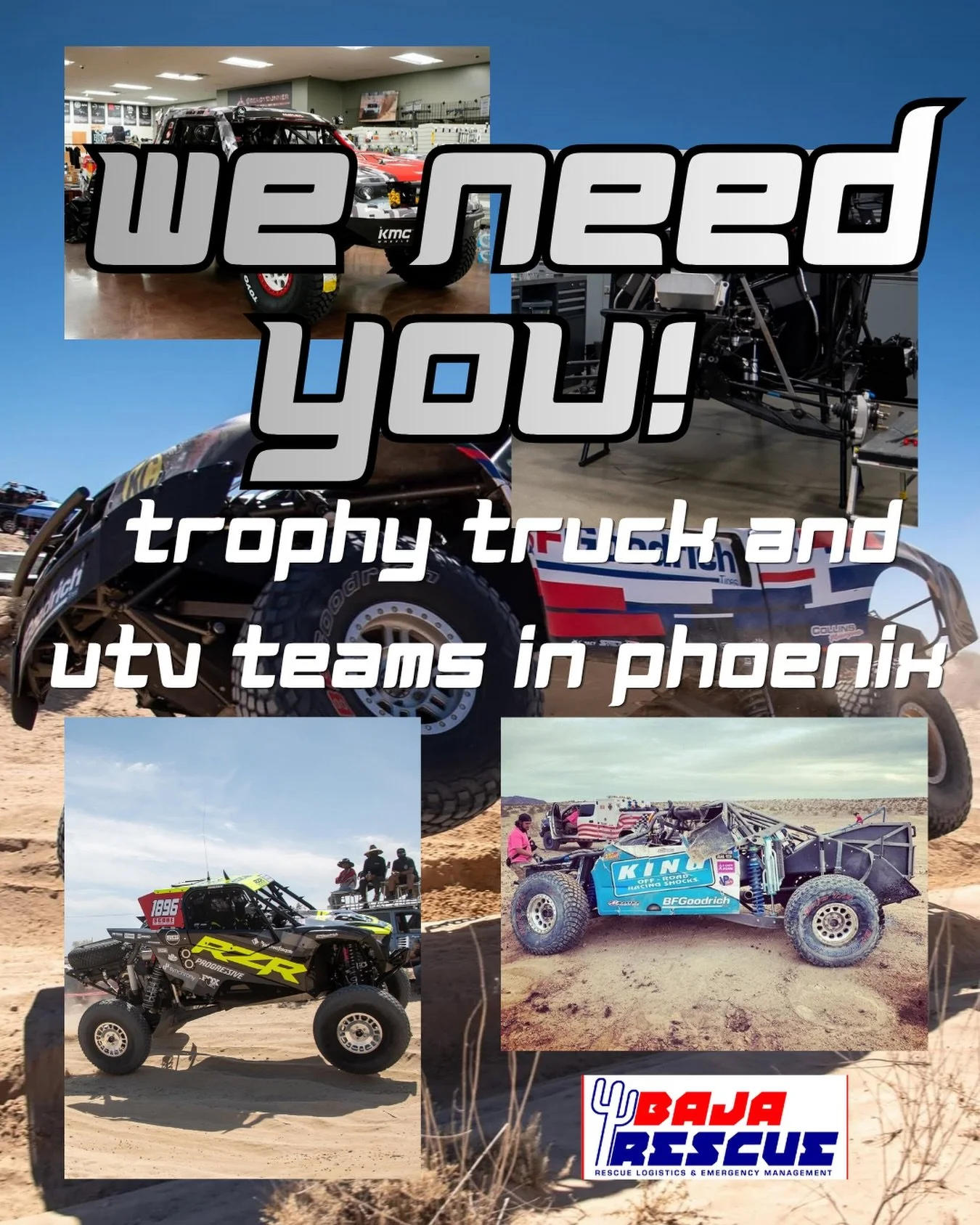 TT and UTV teams in the Phoenix area! With our recent purchase of extrication tools, we want to get up close and personal with your race cars. We can only study so many pictures online. By spending some time walking around your trucks/UTVs, it will b