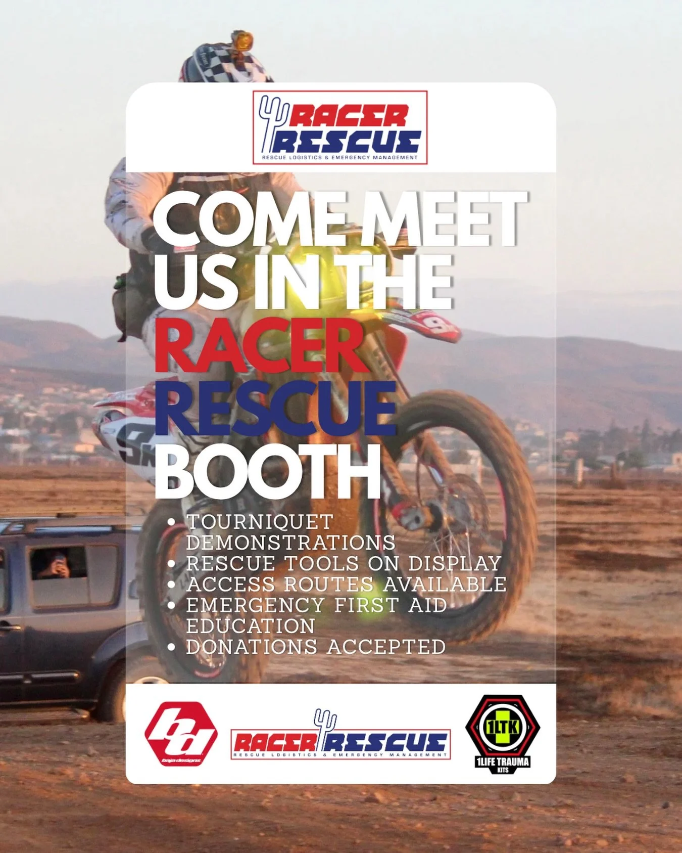 Counting down the days till the streets are lined with trophy trucks and race bikes! Stop by the Racer Rescue booth on vendor row during Tech and Contingency for the @scoreinternational Baja 500. Come learn how to apply a tourniquet, check out the ja
