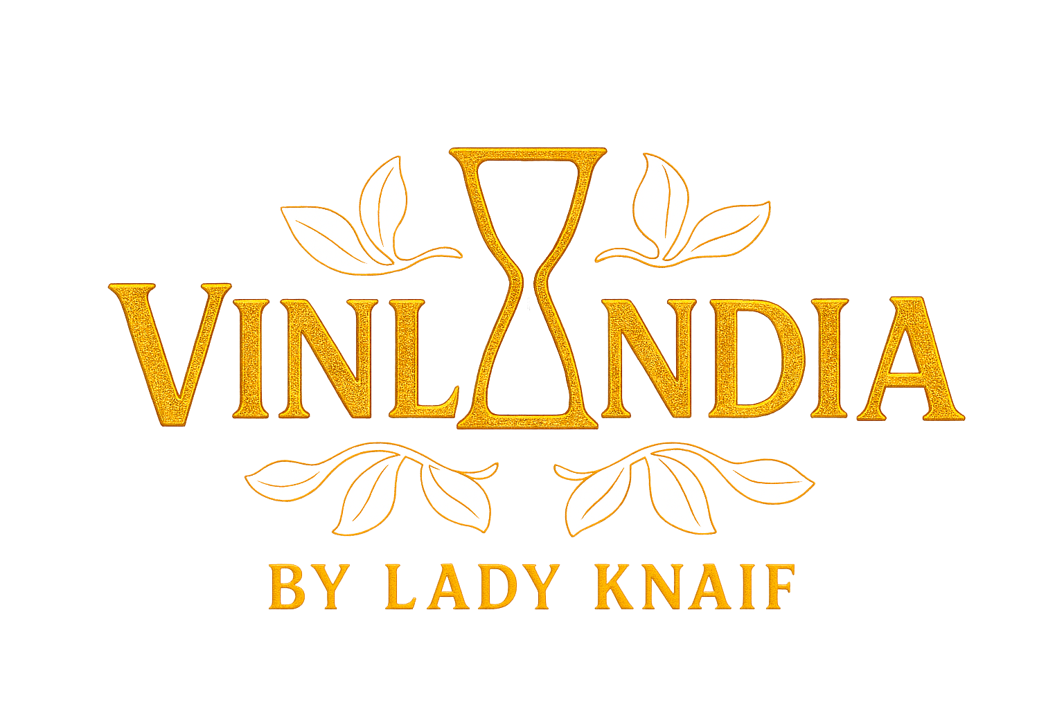Logotipo de Vinlandia por Lady Knaif, con letras doradas y un símbolo de copa entre ramas de hojas en fondo negro.