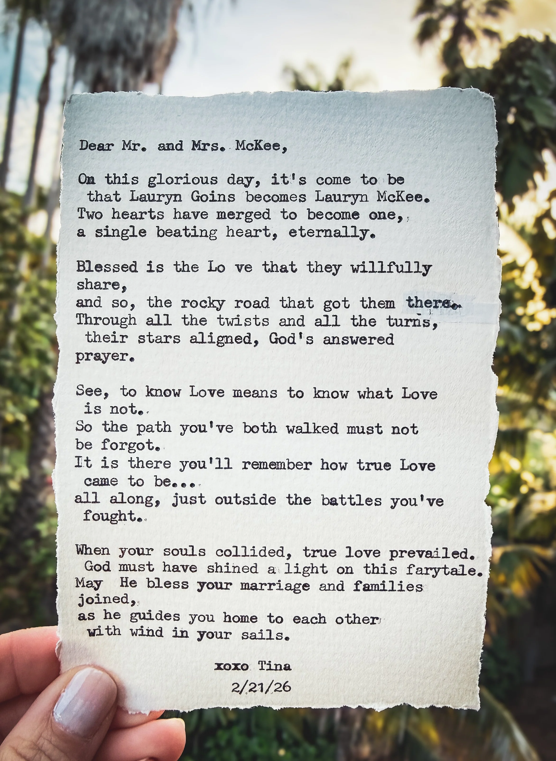 A custom poem for the Bride and Groom on their wedding day